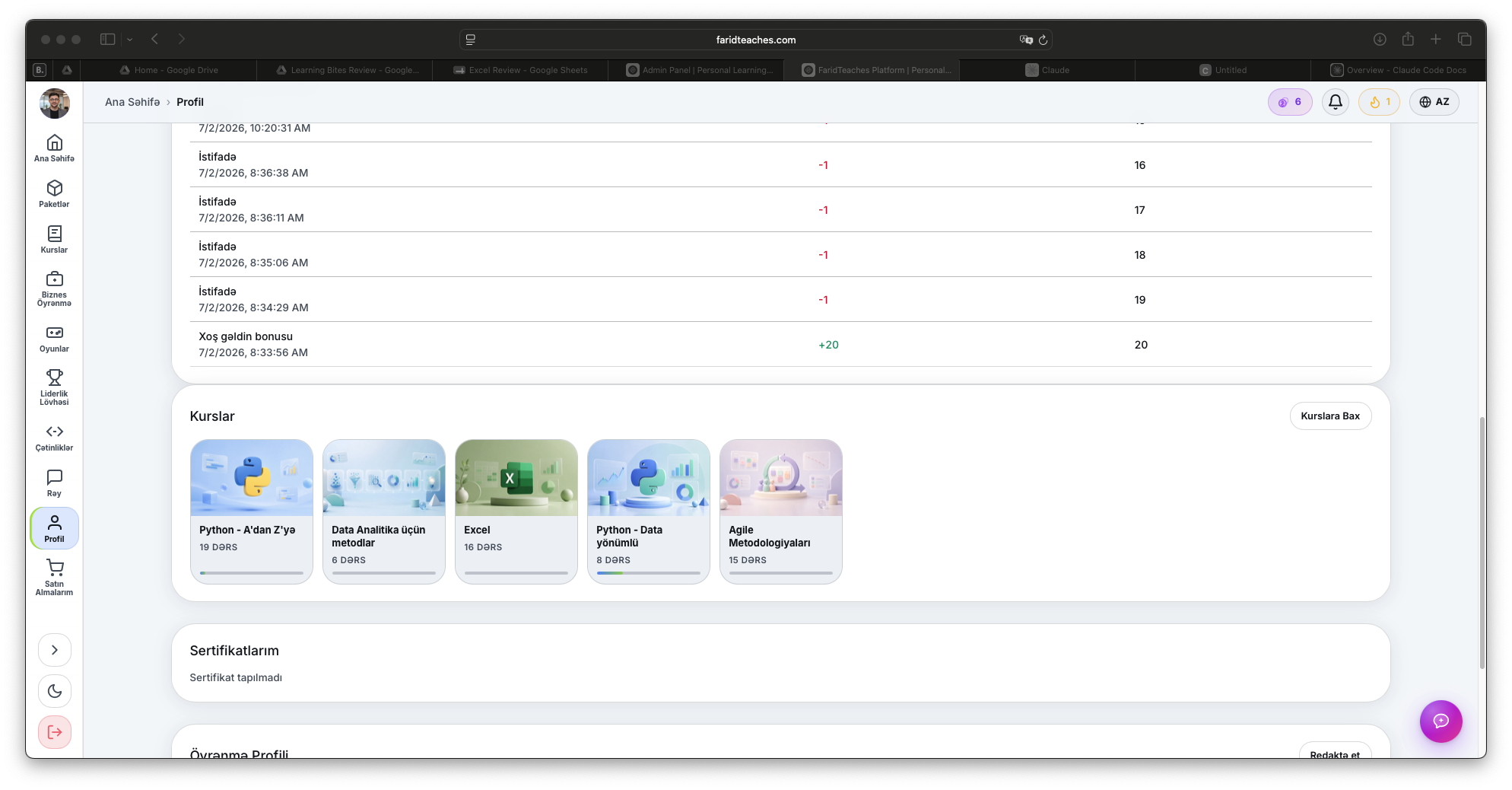 FaridTeaches platform home dashboard in English
